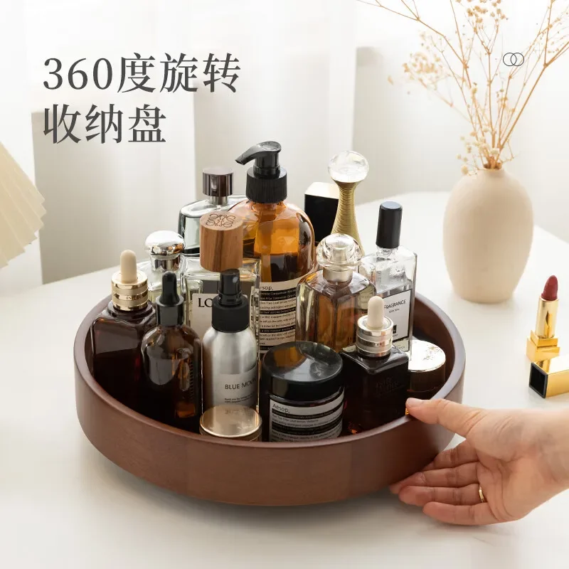 Wooden cosmetics storage box Rotating solid wood desktop dresser Skin care product storage rack box One piece delivery tray