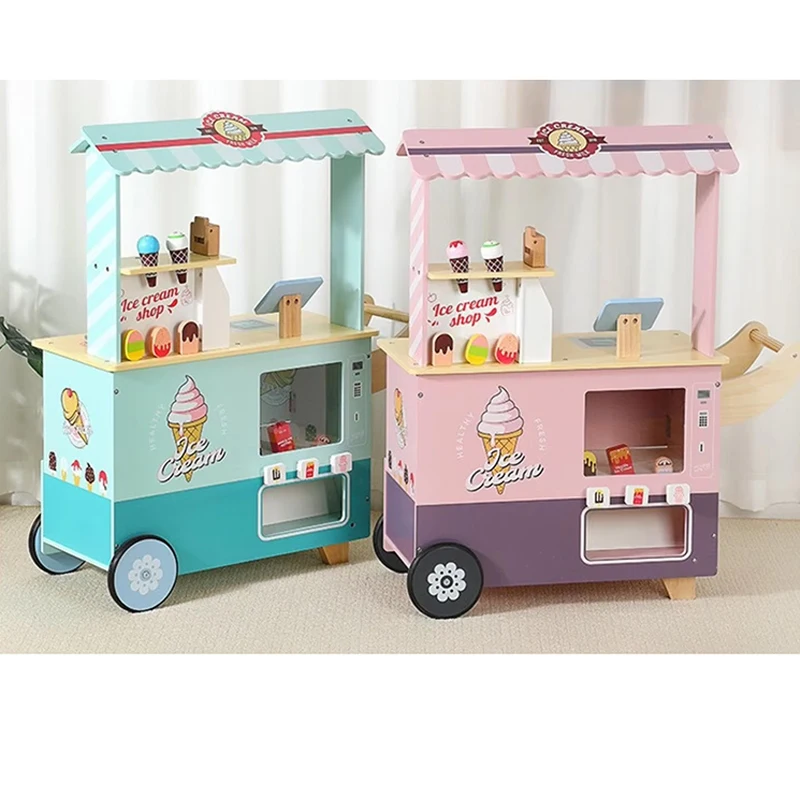 New Wooden Ice Cream Mobile Vending Stall Children Montessori Simulation Kitchen Set Educational Playing House Role Play Toys