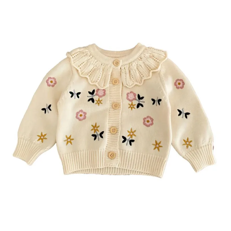 Spring Children Girls Cardigan Flower Embroidery Ruffle Collar Knitted Top Long Sleeve Coat Kids Clothes