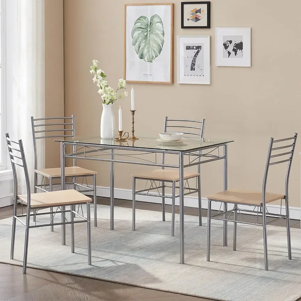 table set for 4 people, with chairs, glass countertop, small space, silver color