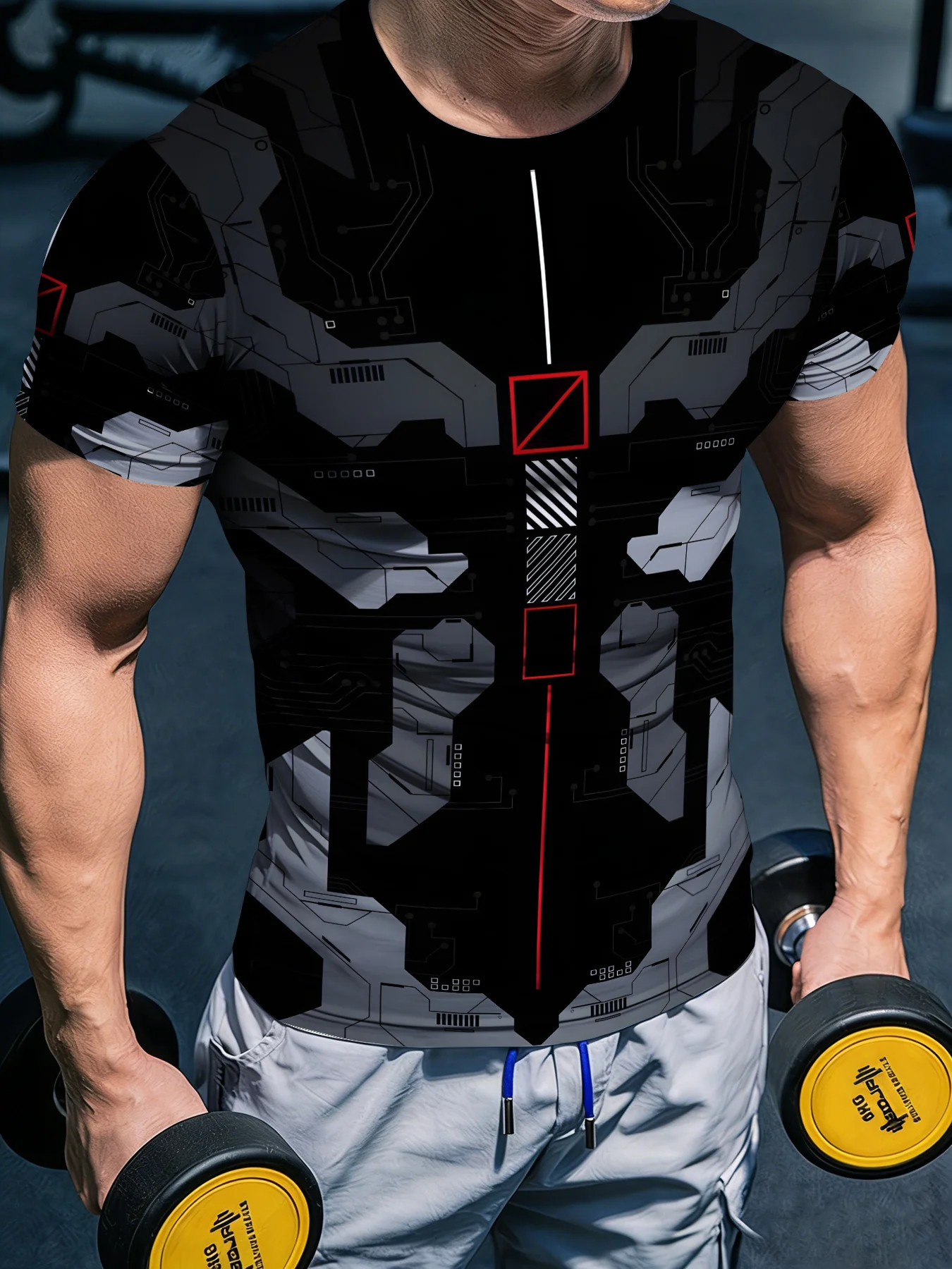 Men Sports Short Sleeve T-Shirt Quick Dry High Elastic Black Gray Tech Geometric Print Breathable Slim Training Top