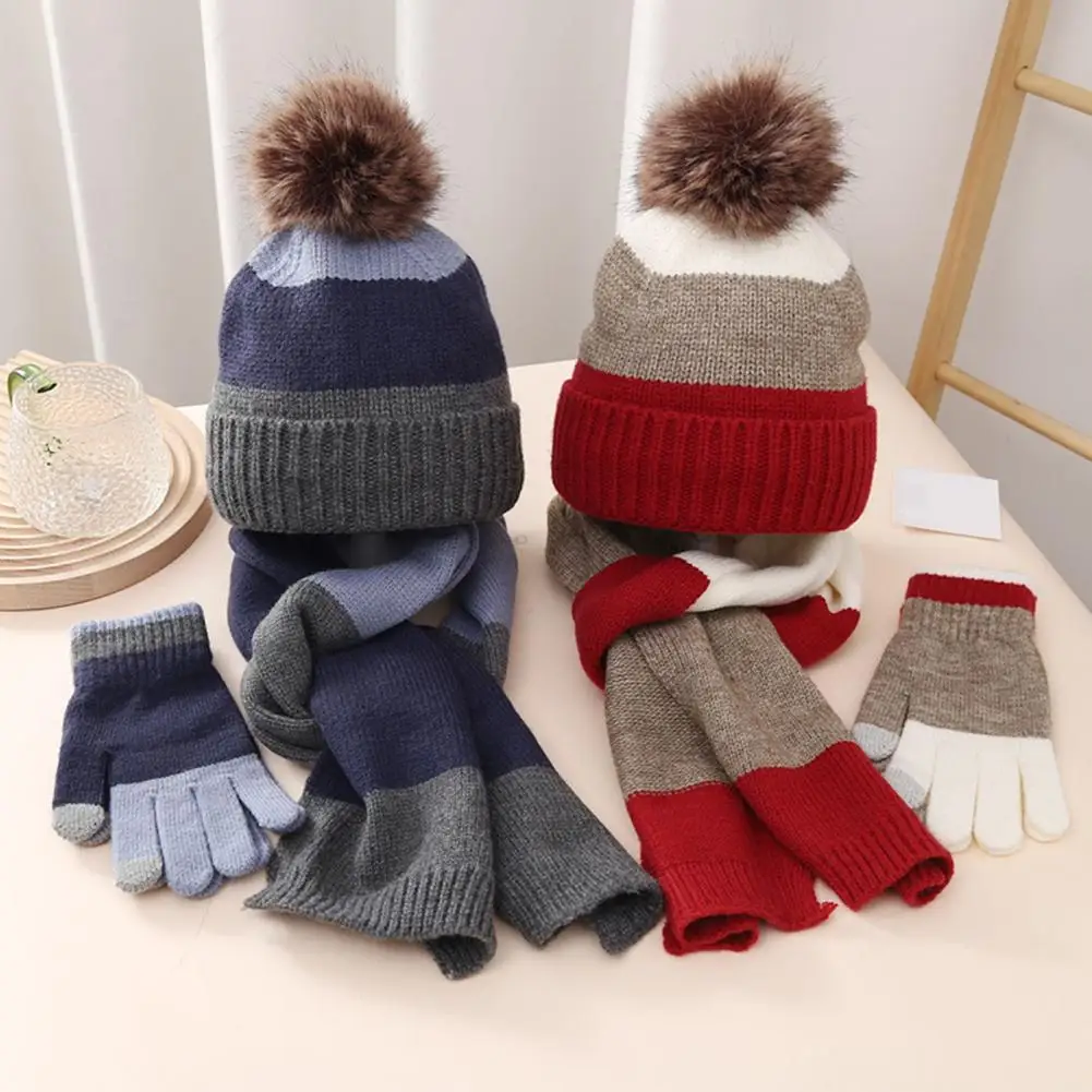 3Pcs/Set Kids Winter Hat Gloves Scarf Set Plush Ball Striped Fleece Lining Beanie Hat Knitting Scarf Full Finger Gloves Set