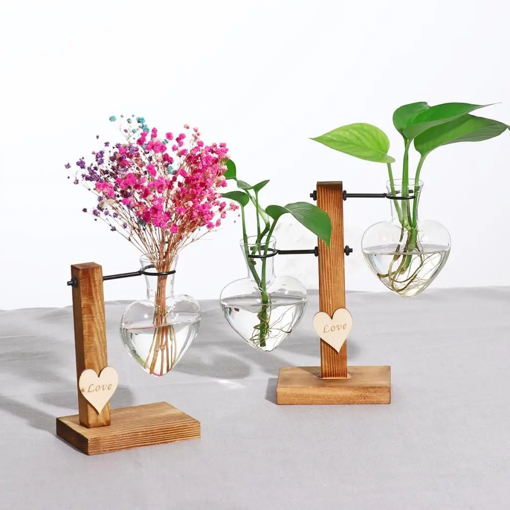 Wooden Stand Test Tube Flower Vase Transparent Glass Plant Container for Hydroponic Plants Office Desk