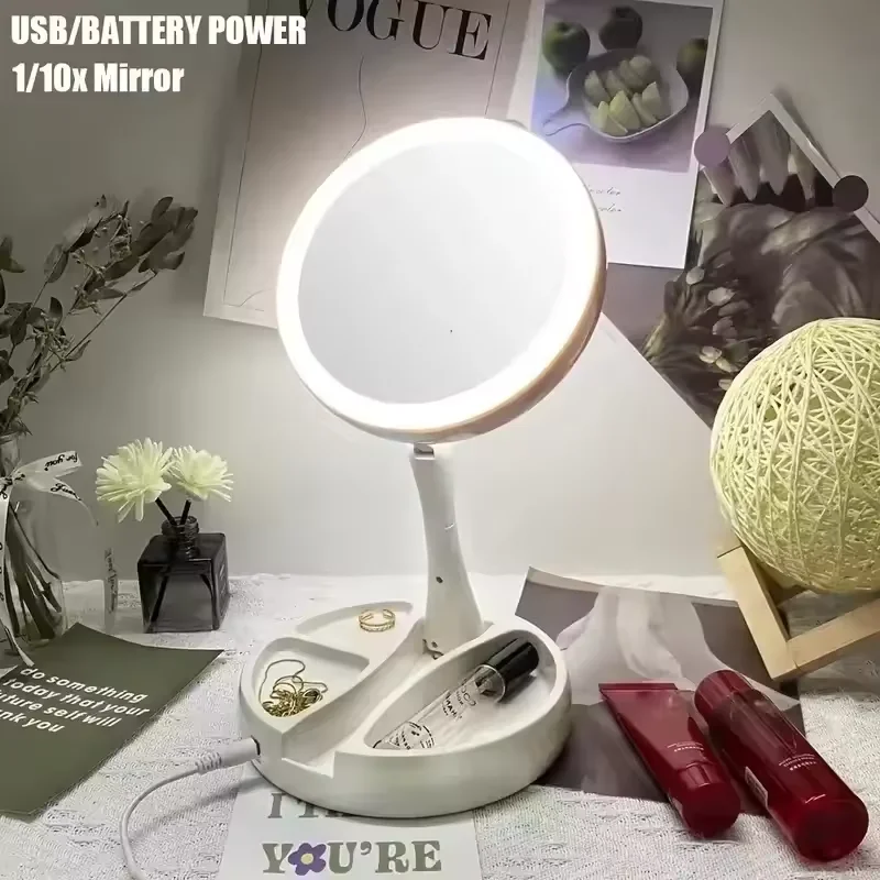 Flexible Foldable 1X 10x Magnifying Vanity Mirror with LED Lighted Desk Makeup Mirror Lighting Dressing Makeup Lamp