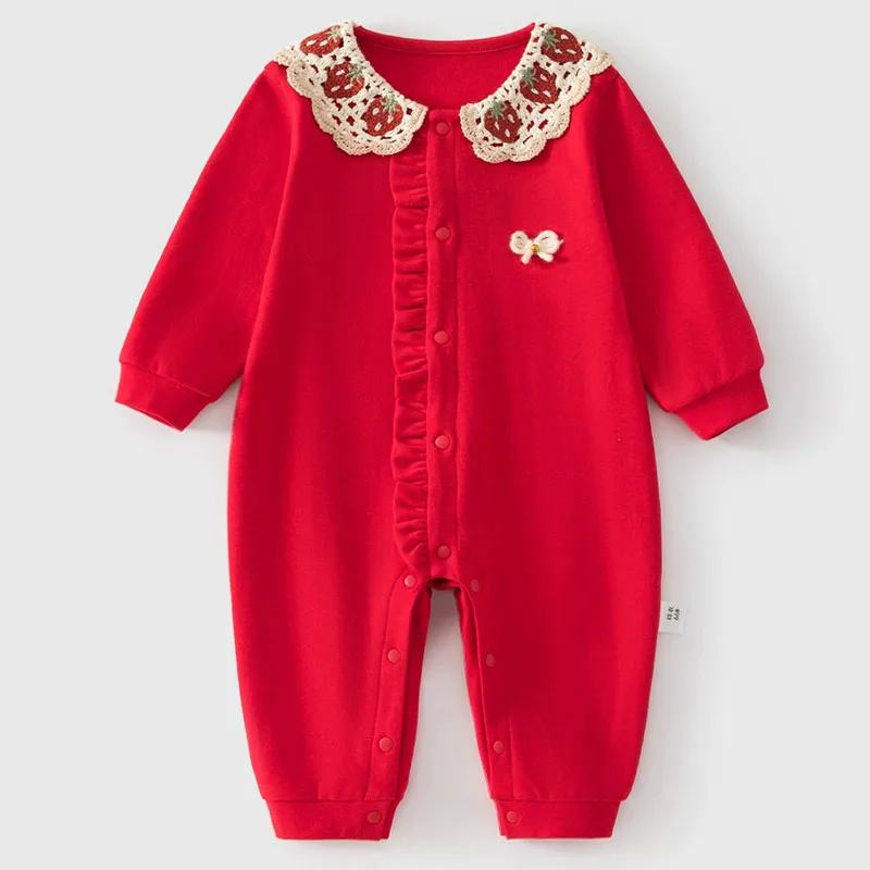 Spring Fall Baby Girl Clothes New Year Cute Strawberry Bow Peter Pan Collar Red Long Sleeve Cotton Jumpsuits Newborn Items B320