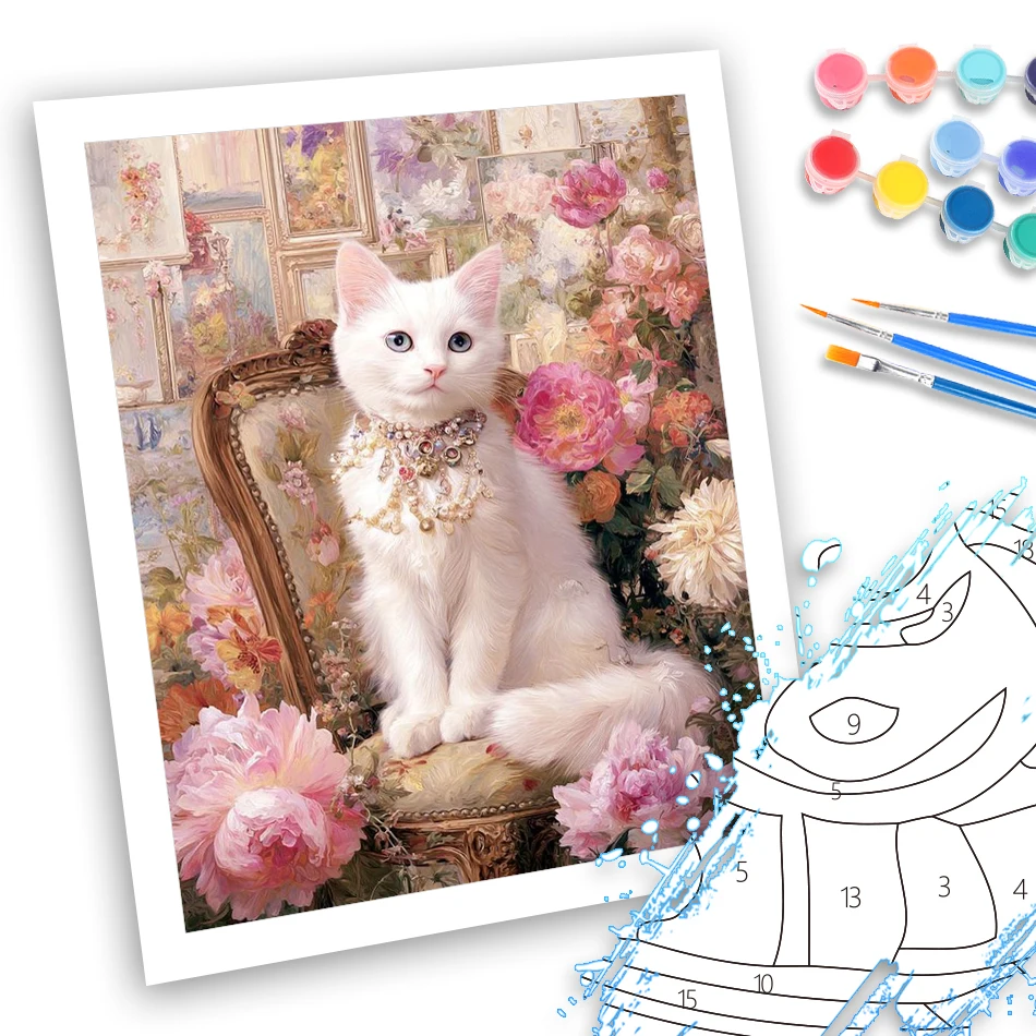 GATYZTORY Pictures By Numbers Painting Artwork Paint Pictures By Numbers Flower House Noble White Cat Canvas Wall Art Supplies