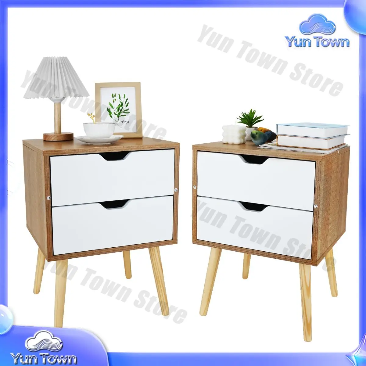 Modern Wood Nightstand Set 2 Small End Table With Drawer Bedroom Furniture 2-Tier Night Stand Bedside Table For Bedroom