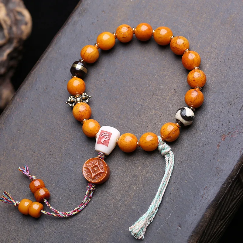 Single-Loop Tibetan-Style Agate Tiger Tooth Bead Bracelet With Black Gold Coconut And Yak Bone Three-Way Connector Accesso