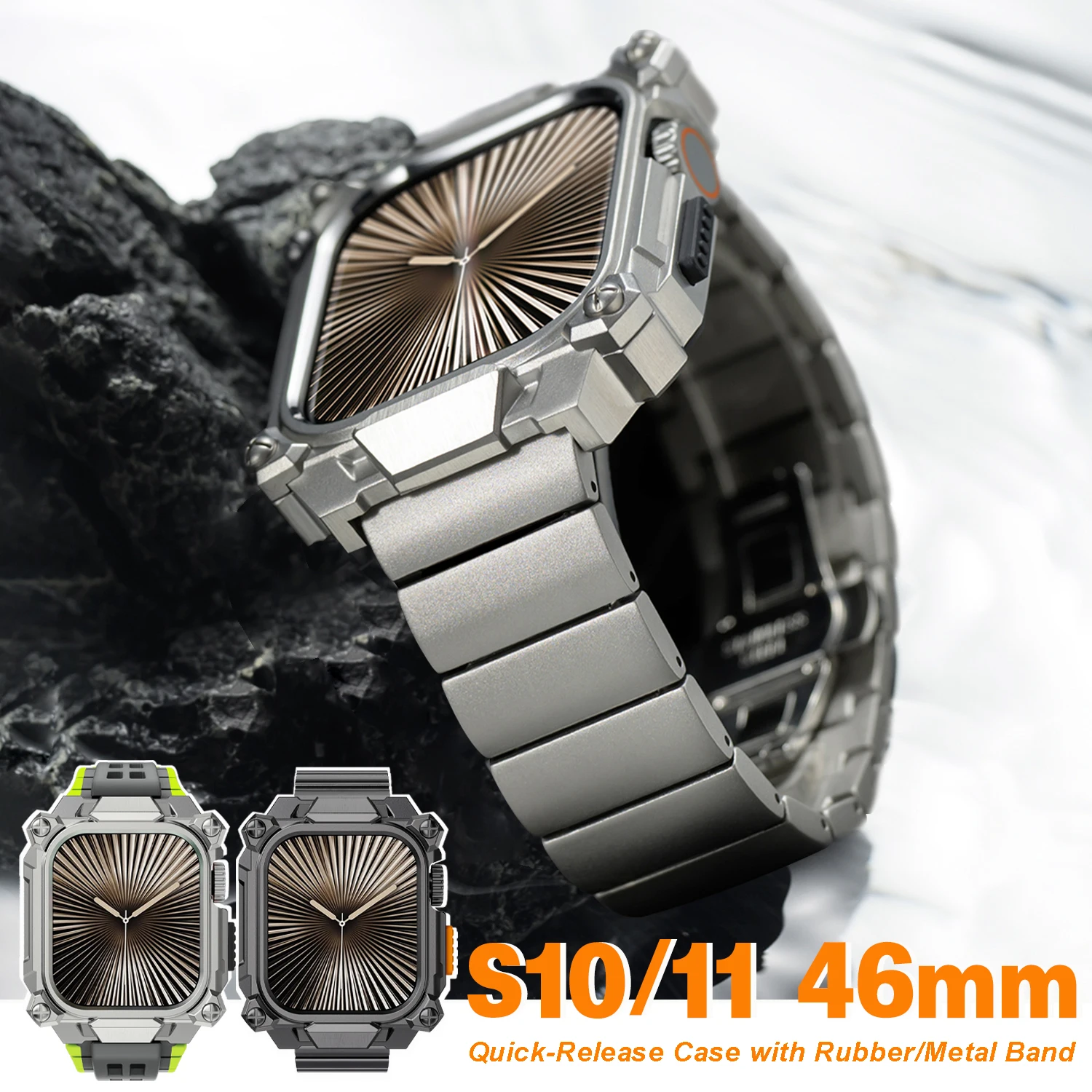 

Luxury Stainless Steel Case+Titanium Strap For Apple Watch 11/10 46mm Sports Rubber Band Diy Mod Kit