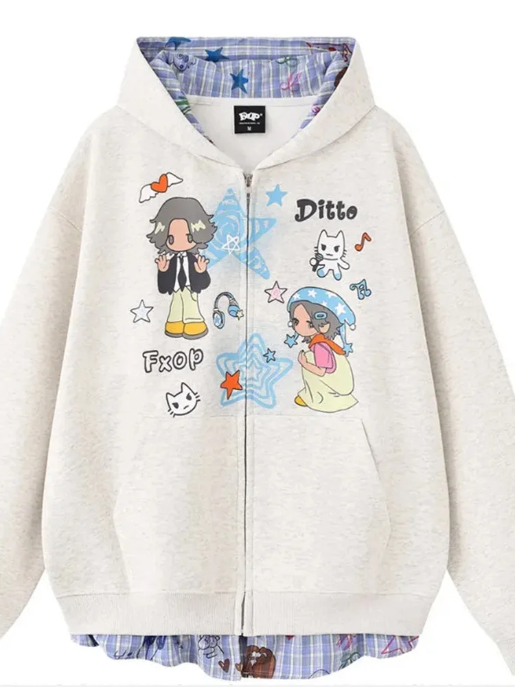 

Японские женские толстовки с героями мультфильмов Kawaii, свободные винтажные толстовки Harajuku Y2K, лоскутный принт с длинными рукавами, топы в консервативном стиле, ретро, новые