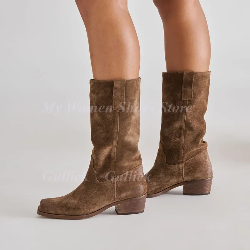 Block Middle Heel Suede Brown Boots Square Toe Slip On Runway 2026 Winter Autumn Women Dress Shoes Handmade Beige Brown