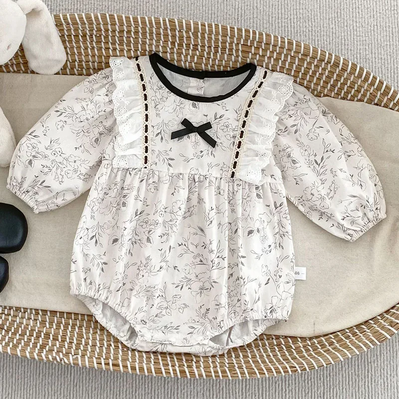 2025 New Spring Toddler Baby Girl Jumpsuit Long Sleeved Cotton Flower Print Infant Baby Girl Bodysuits 0-24M Baby Girl Clothing