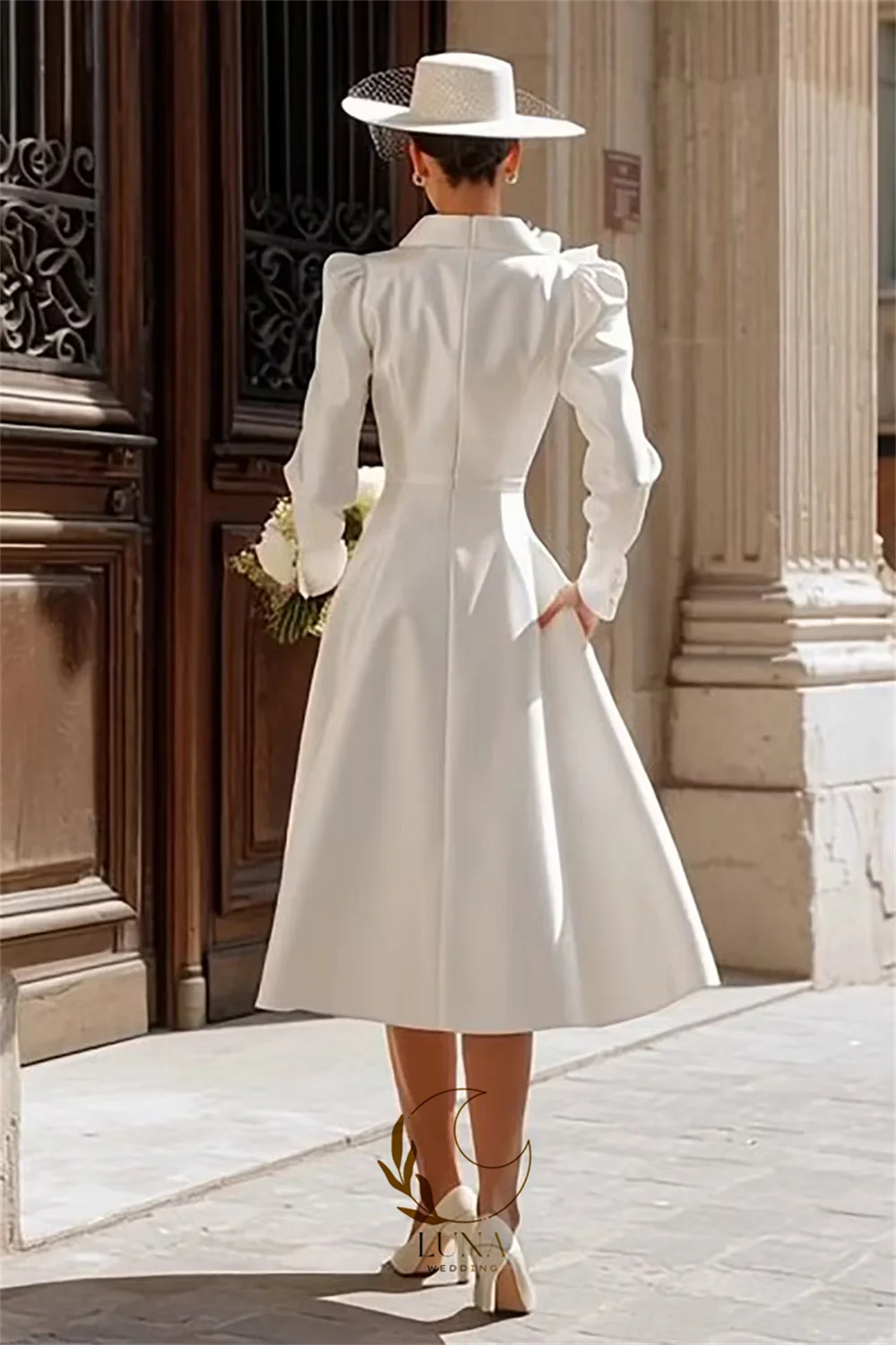 Luna Ivory Single Breasted Shawl Lapel Midi Blazer Wedding Dress Handmade Flowers French Modern Bridal Gown Customized