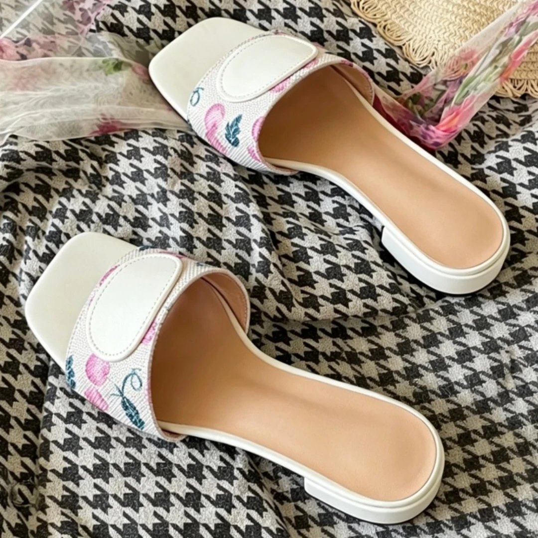 Luxury Brand Women's Shoes Handmade Square Toe Slide Sandals Linen Low Block Heel Casual Slip-On Mule Slippers Holiday Gifts