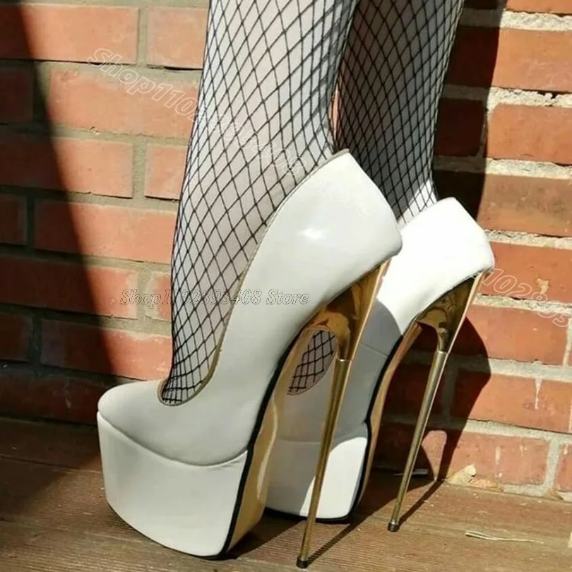 

White Slip on Patent Leather Pumps Round Toe British Style Metal Heels Party Women Stiletto Sexy Pumps 2025 Zapatos Para Mujere