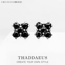 Stud Earrings Black Flower Europe Style Glam Fine Jewerly For Women Vintage Gift In 925 Sterling Silver