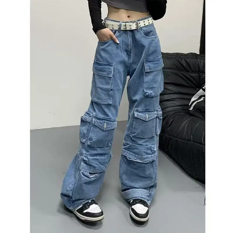 

Pocket Solid Color Overalls Jeans Women's Y2K Street Retro Loose Wide-Leg Overalls Couple Casual Joker Mopping Jeans Pants Women
