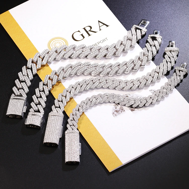 Moissanite Hip Hop Bracelet 10mm-15mm 2row Cuban Chain Sterling Silver 925 Jewelry Bangles for Daily Rapper Men，