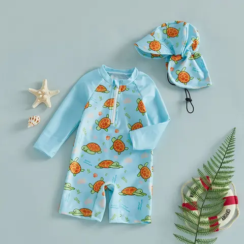 Toddler Baby Boys Rash Guard Swimsuits Fashionable Marine Life Printed Long Sleeve Jumpsuit with Hat 2Pcs Swimwear