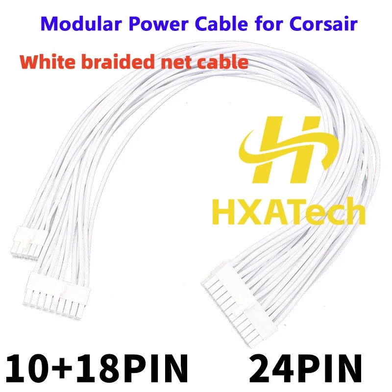 HXATech -White Briaded net 18+10-Pin To 24-Pin ATX Power Supply Cable For Corsair RM1000x RM850X RM750X SF600 SF750