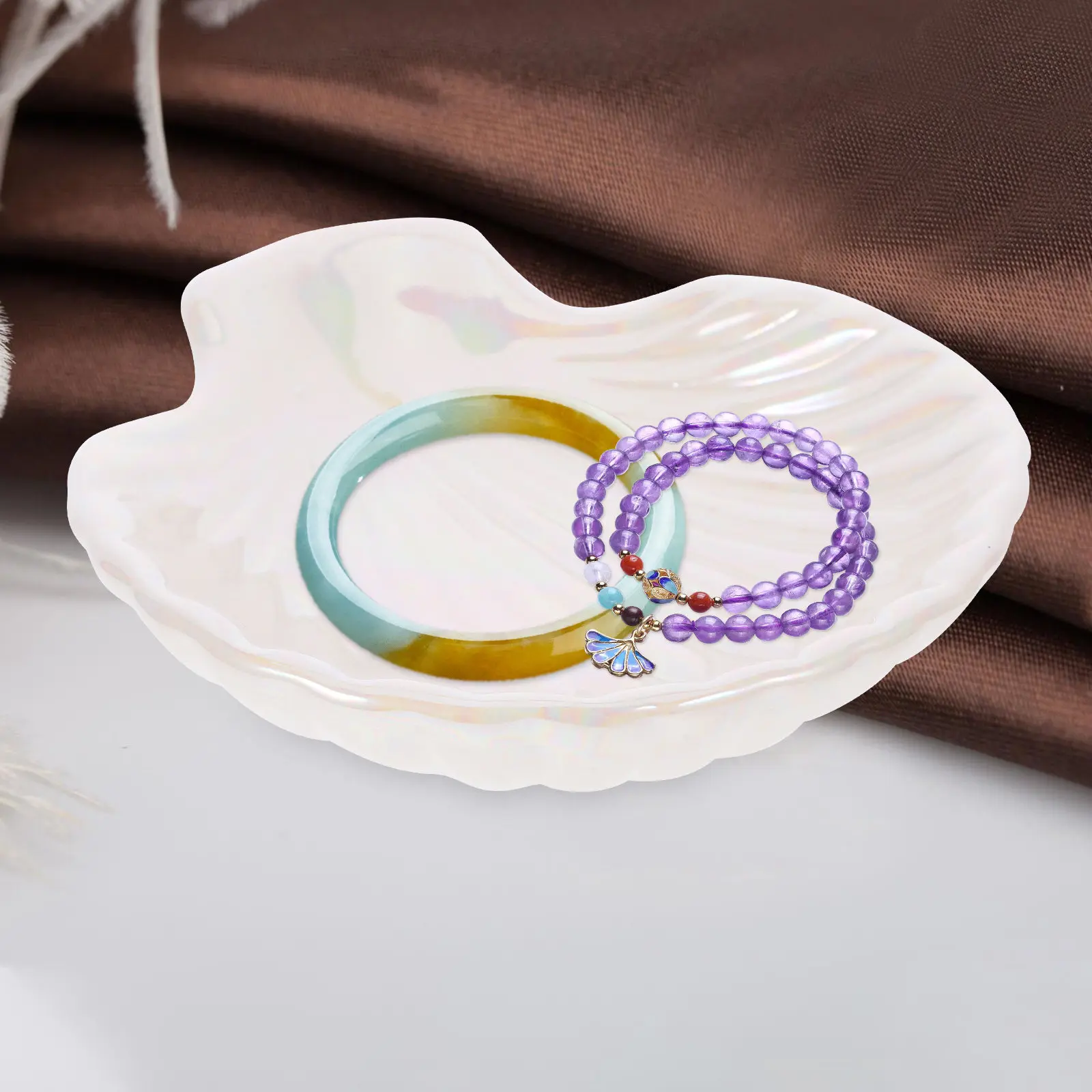 Smooth Edge Ceramic Shell Jewelry Tray Dish for Rings Earrings Necklaces Desktop Storage Organizer Home Vanity Decor Tray