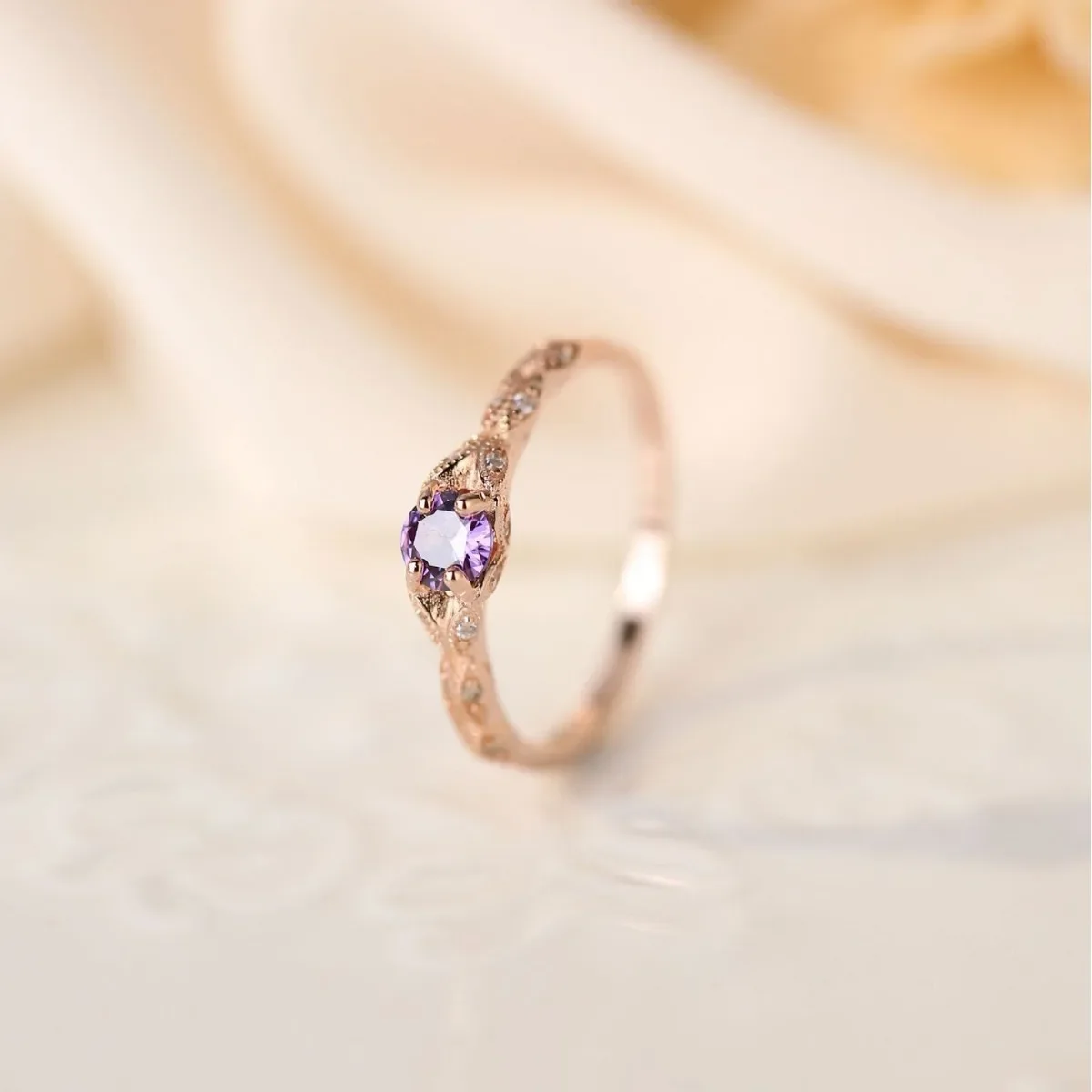 Sterling Silver European and American Simple Light Luxury Style Amethyst Rose Gold Zirconia Women's Ring Turkish Rings view 5