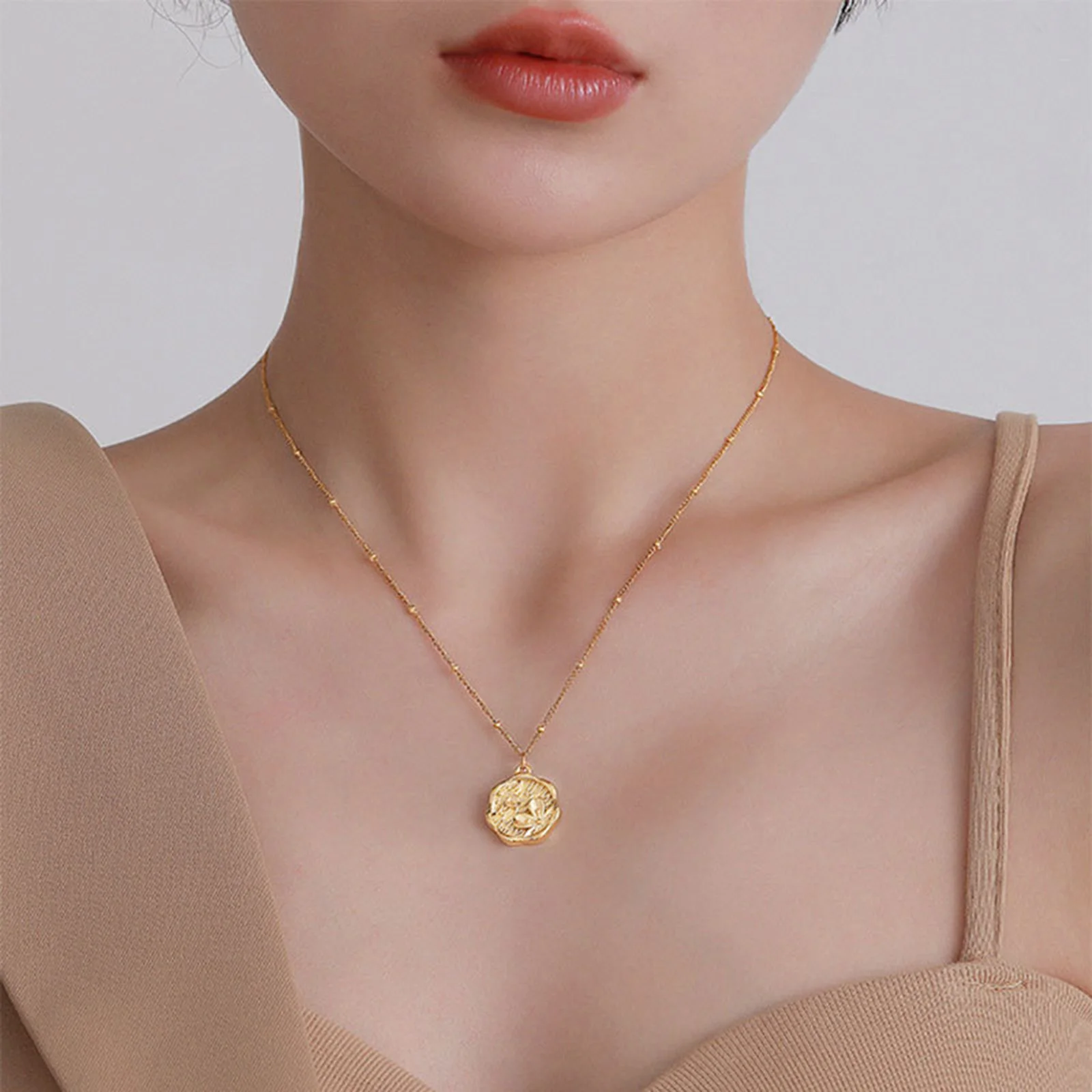 Coin Pendant Flower Necklace for Women,Satellite Chain Link, Stainless Steel 14k Gold Plated Jewelry Not Fade
