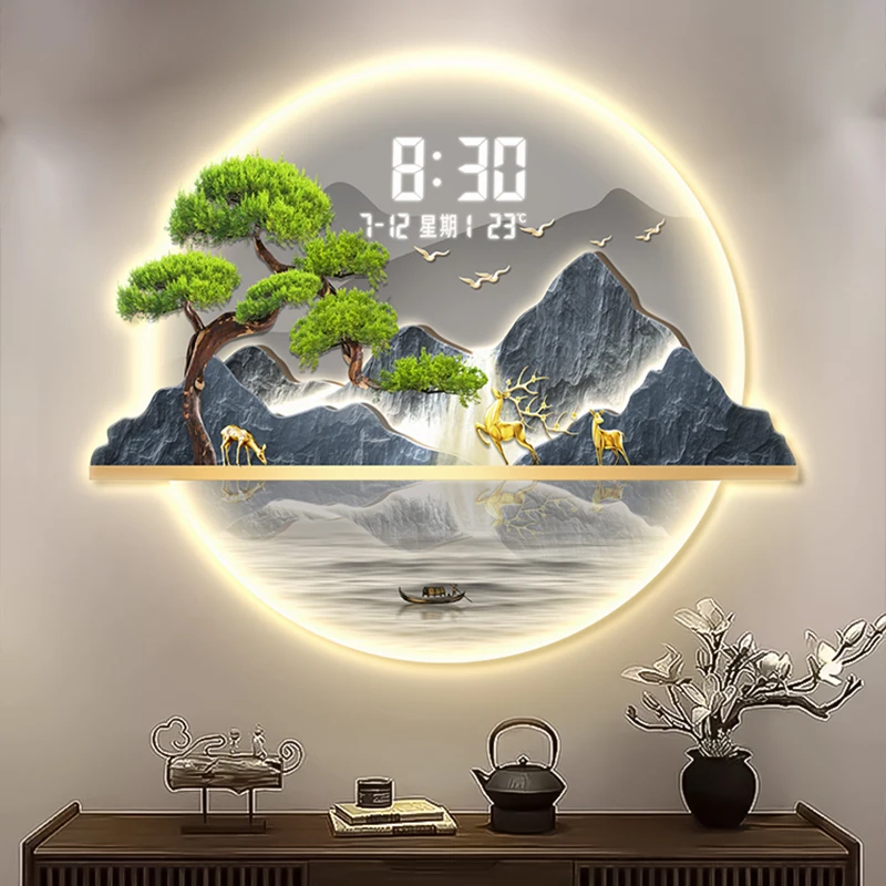 Round Digital Wall Clock With LED Backlight Modern Luxury Entryway Corridor Art Painting For Living Room Wall Decor