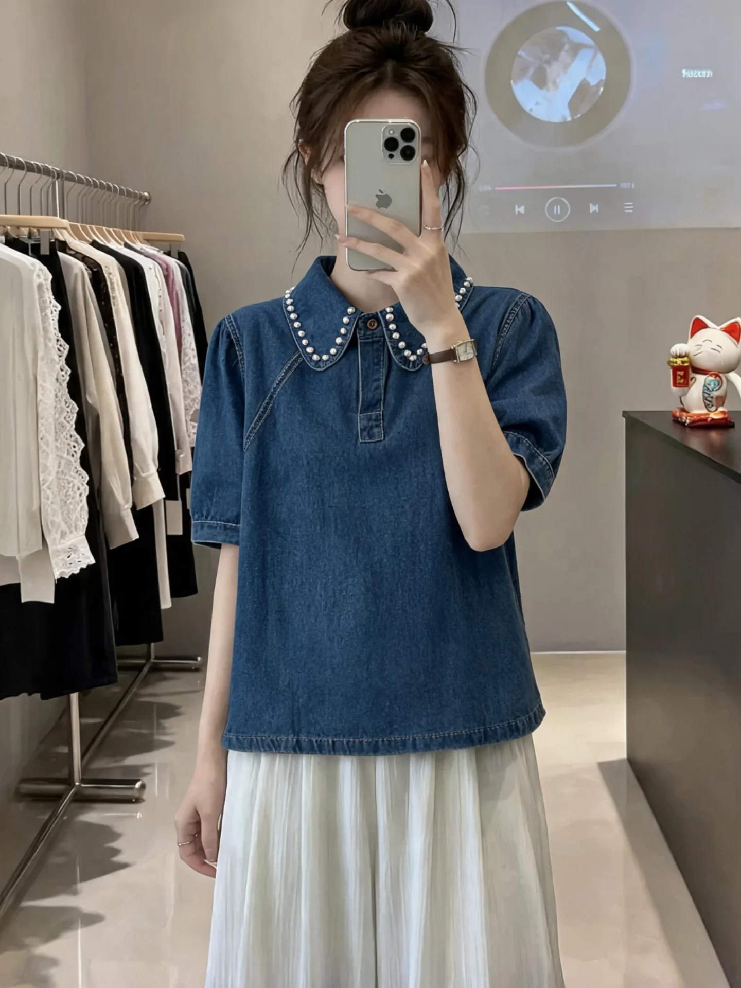 

Slimming Design Short Sleeve Doll Collar Denim Shirt Women Summer 2026 New plus Size Bead Detailing Top Korean Style Loose Fit