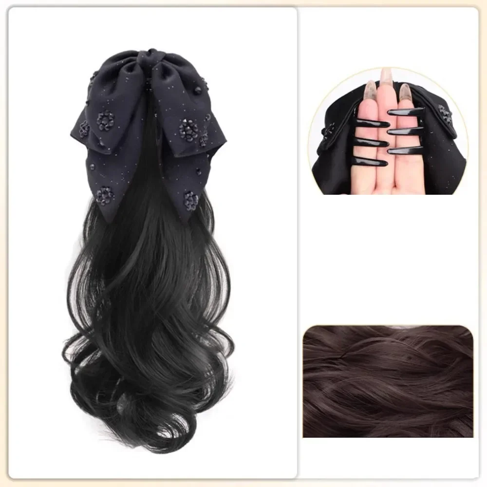 Wig sintetis pita simulasi simpul pita puffy keriting ambil klip Wig ekor kuda hiasan kepala wanita ekstensi 40CM