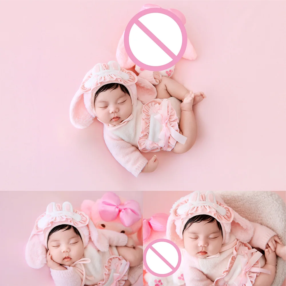Baby Girl Photography Outfit Rabbit Ears Knitted Fluffy Romper Bunny Theme Pink Soft Costume for Professional Studio Photoshoot