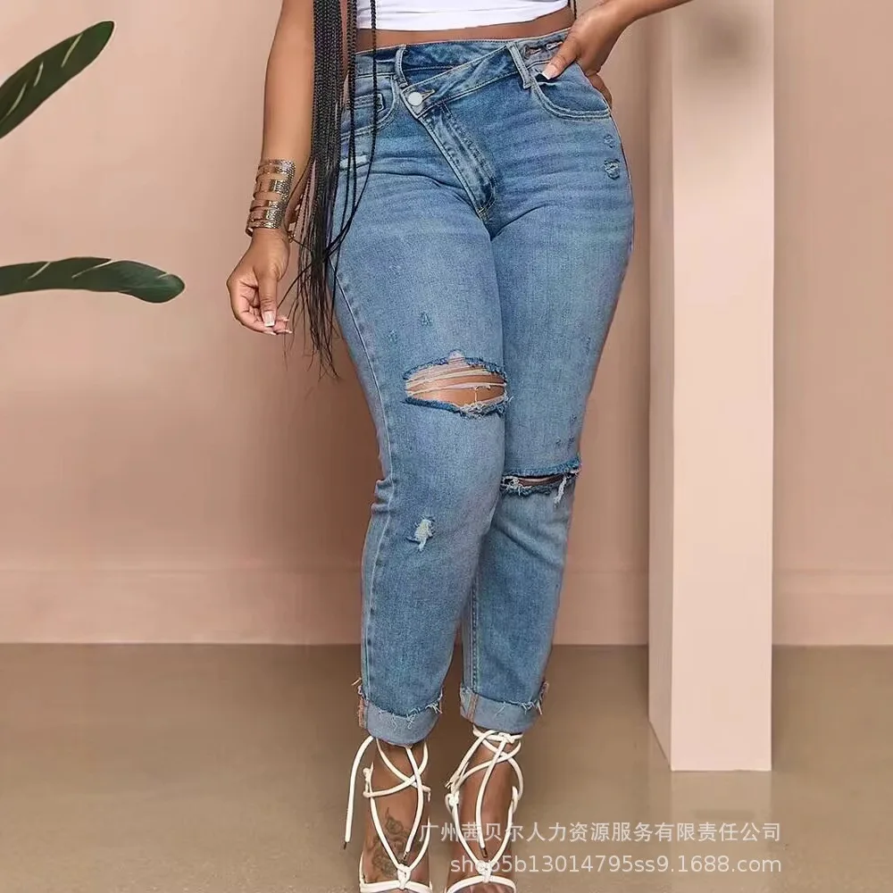 Women Spring Summer Ripped Diagonal Buckle Elastic Jeans Denim Pants Slim Sexy Fashion High Waist Y2K Holes