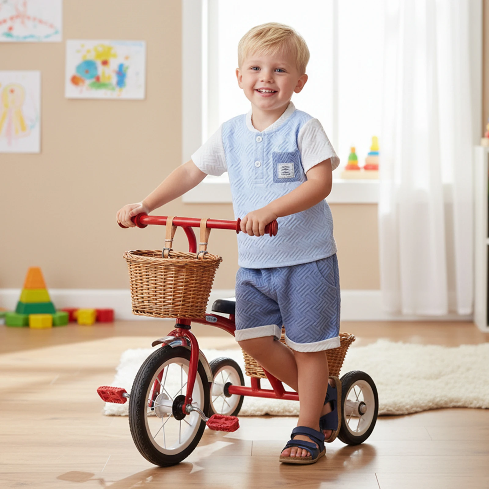 2Pcs Infant Boy Summer Outfits Short Sleeve Crew Neck Contrast Color Tops and Elastic Waist Shorts Set