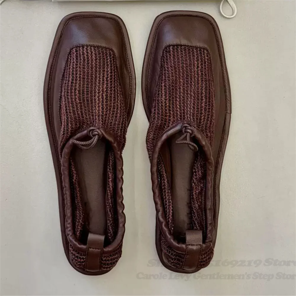 Casual Summer Breathable Mesh Shoes Retro Square Toe Leather Shoes for Men and Women One Foot Slip Loafers Trendy Ballet Shoes