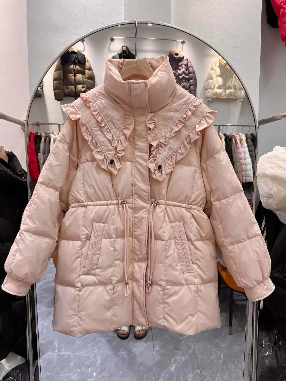 Casual Fashion Warm Coat Female Korean 2024 New Winter Navy Edition Stand Collar Drawstring Waist White Duck Down Jacket Women