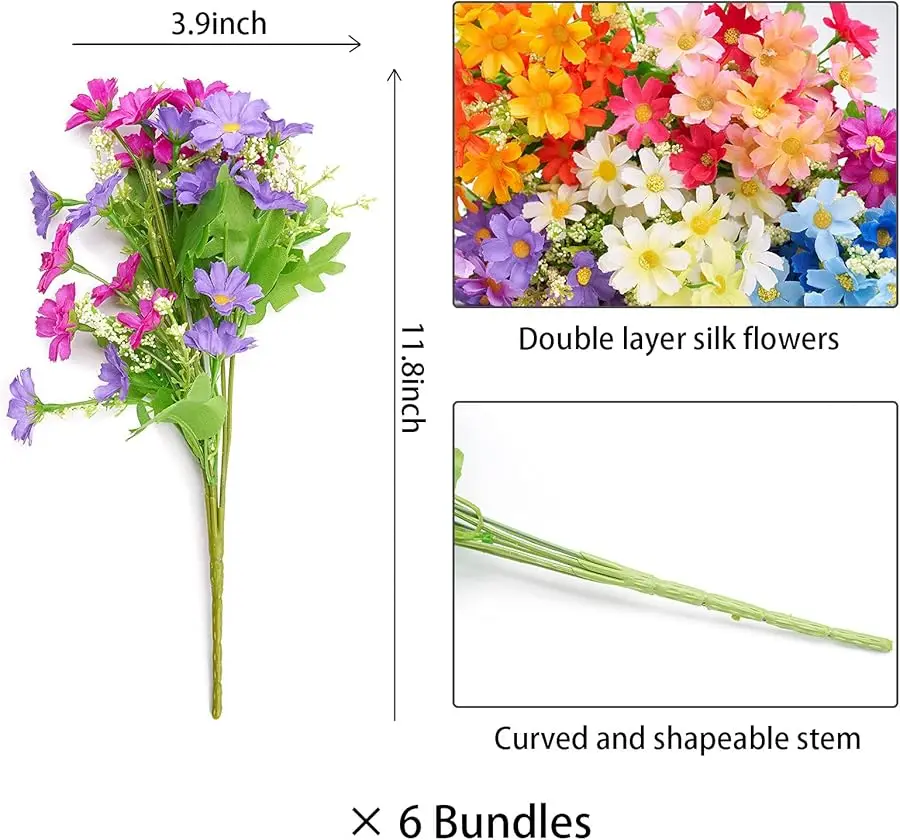 6 Bundles Outdoor Artificial Flowers for Decoration,Silk Flowers UV Resistant Fake No Fade Faux Bouquet Hanging