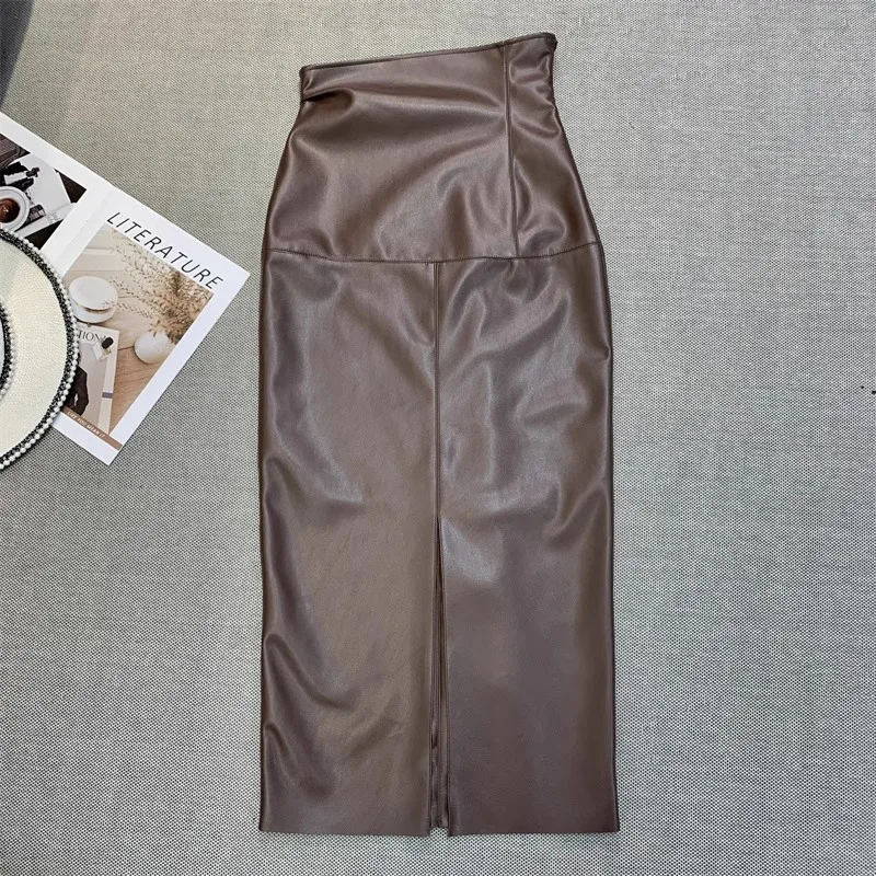 Vintage Trendy Soft Brown Faux Leather Long Skirt with Back Slit Women High Waist Luxury Elegant PU Dresses Spring Autumn New