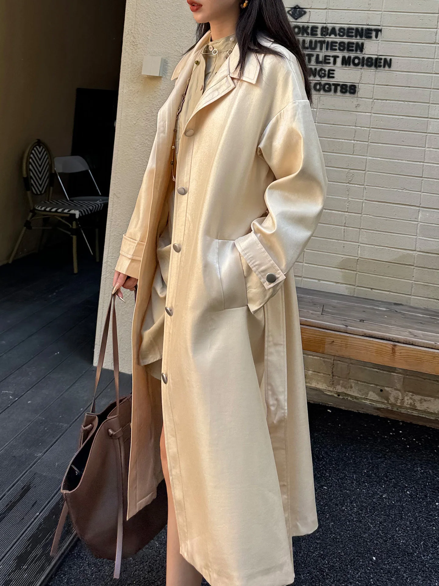 

Faionable Coated Metal Luster Long Waist Belt Vintage Single Button Coat Sli Long Windbreaker Commute Loose Fit Autumn
