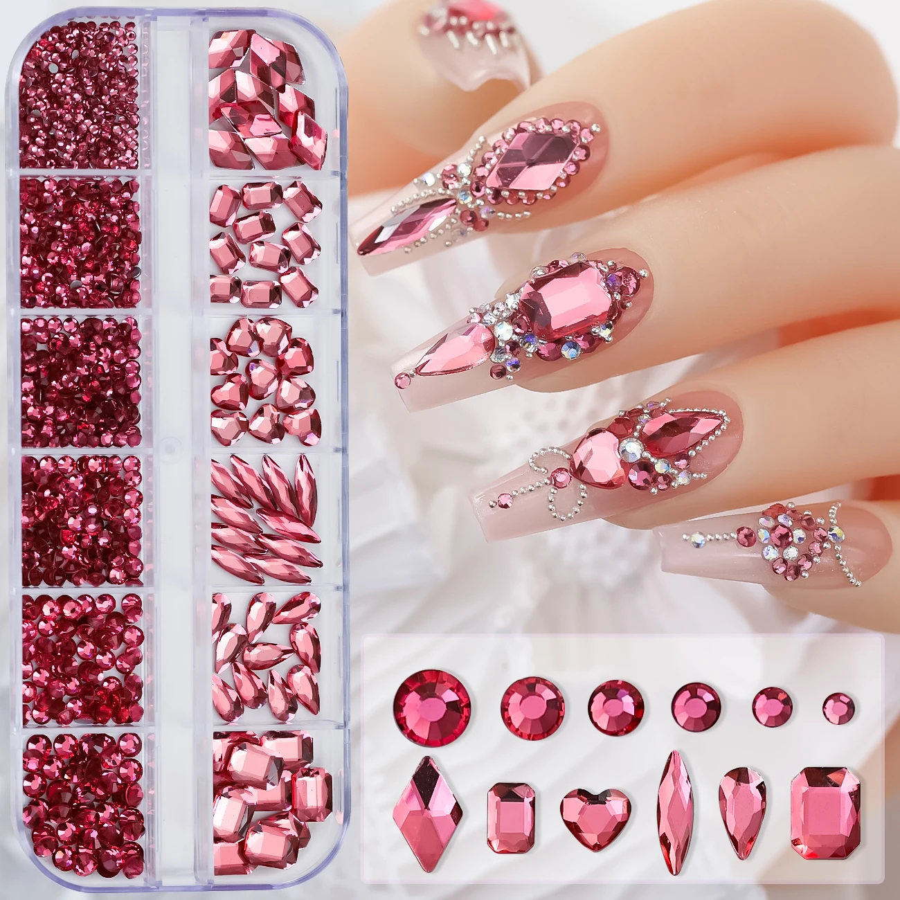 12Grids Sparkle Rose Red Crystal Nail Art Rhinestones Mixed Shape Nail Diamonds Strass Pink Blue Green AB Flatback Gems Charms