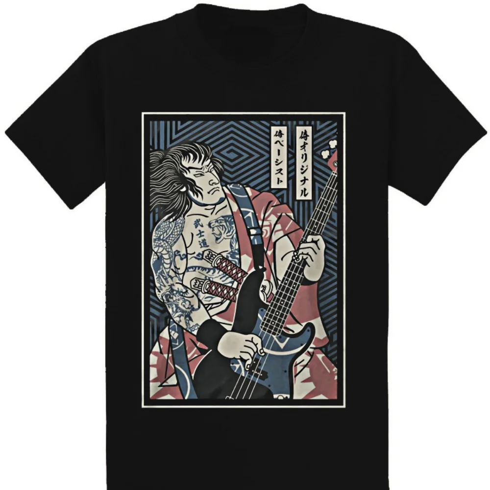 

Summer Oversized T-shirt Japanese Samurai Guitar Graphic Tshirts Black Fashion Men Short-sleev Tee Male Shirt Fitness Tees