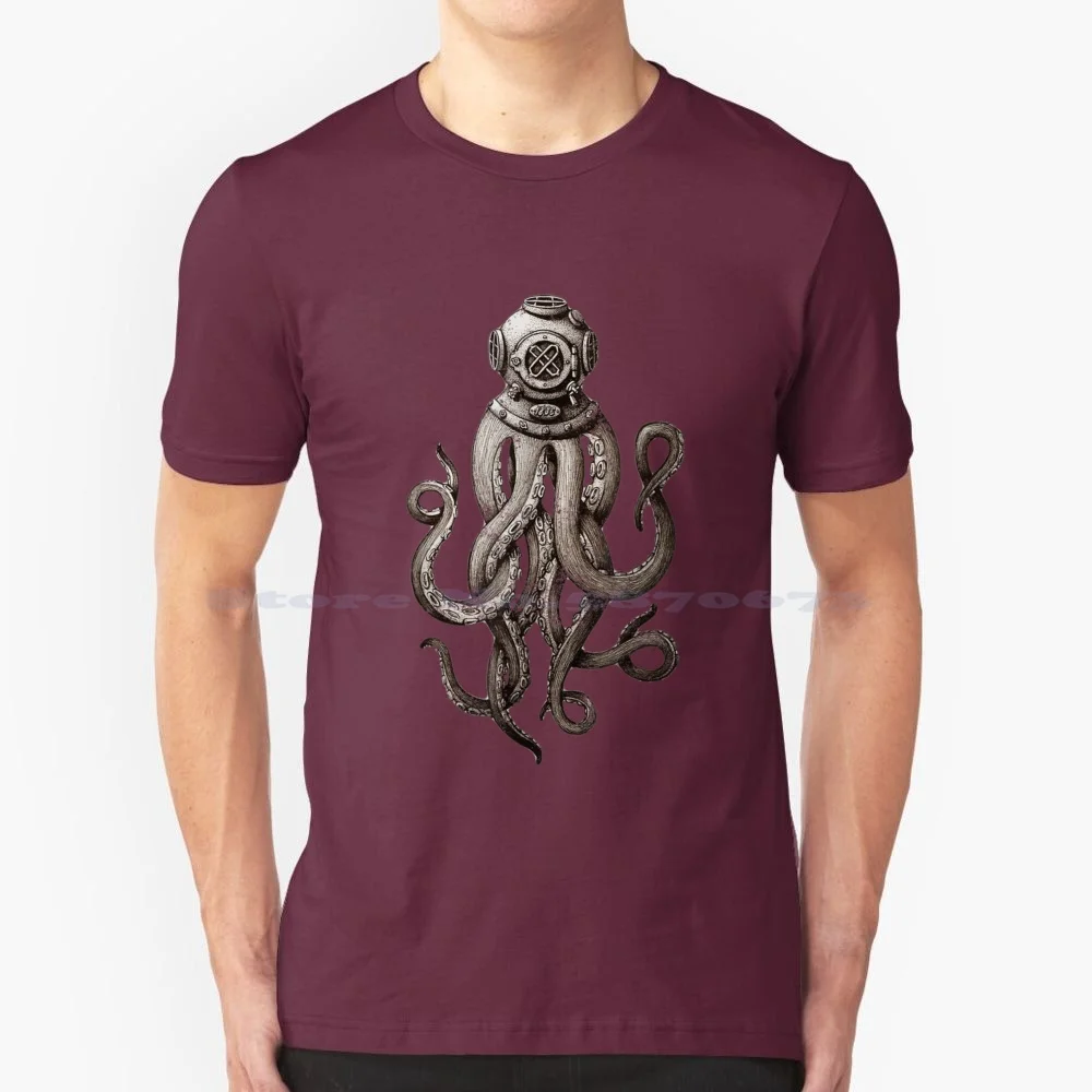 Retro Scuba Diver Weird Octopus Design , Octopus Helmet T Shirt 100% Cotton Tee 1200 1100 Bce Antiquite Archeologie Art Ancien