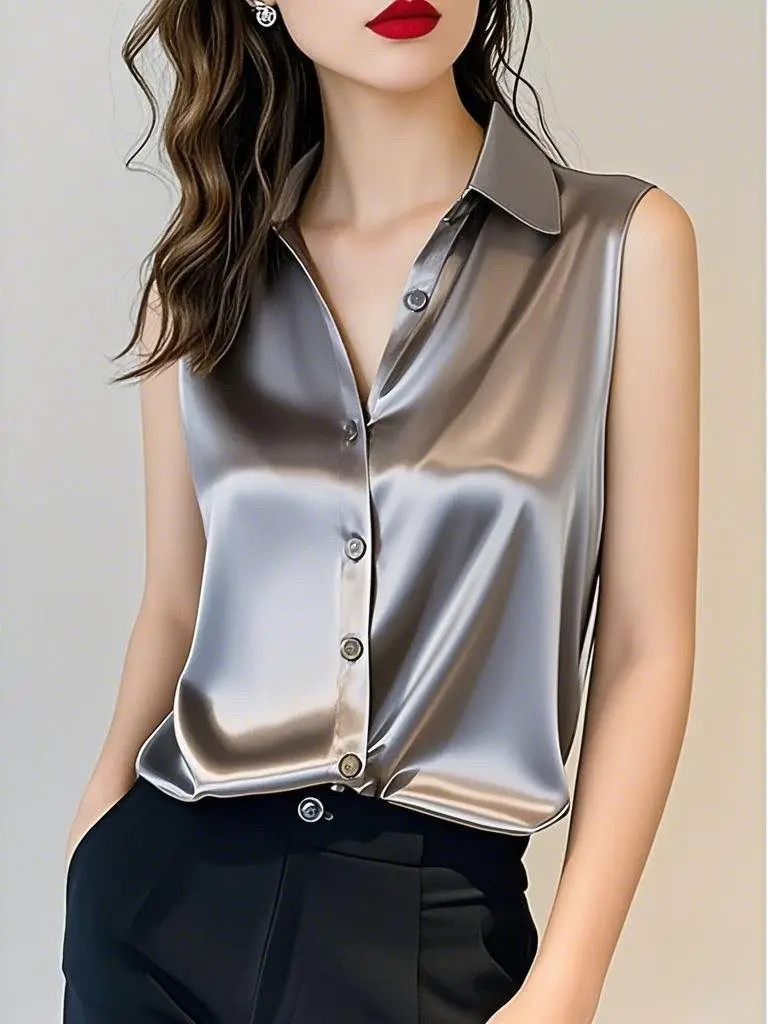 

Ele ey Silk Acetate Satin Blouse Women's Svel Profional irt Summer 2025 Faion Commute Sle Slim Fit ...