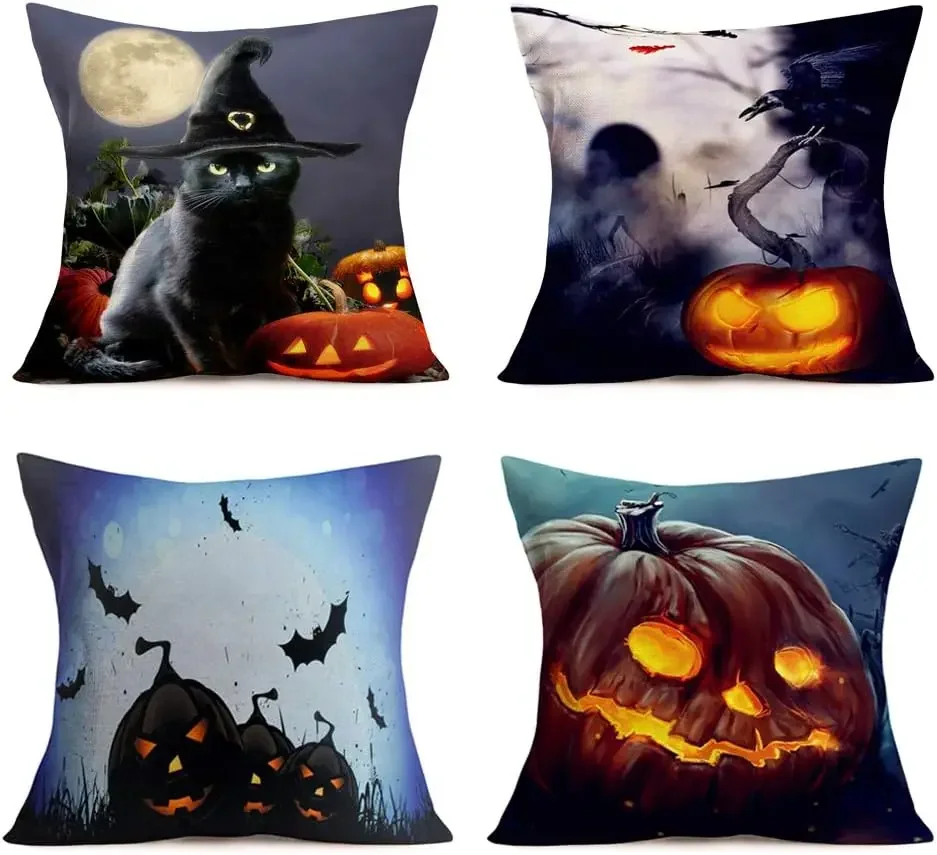 Halloween Carnival Throw Pillow Cushion Cover Pumpkin Forest Crow Pattern Linen Square Pillowcase Decorative Home Sofa