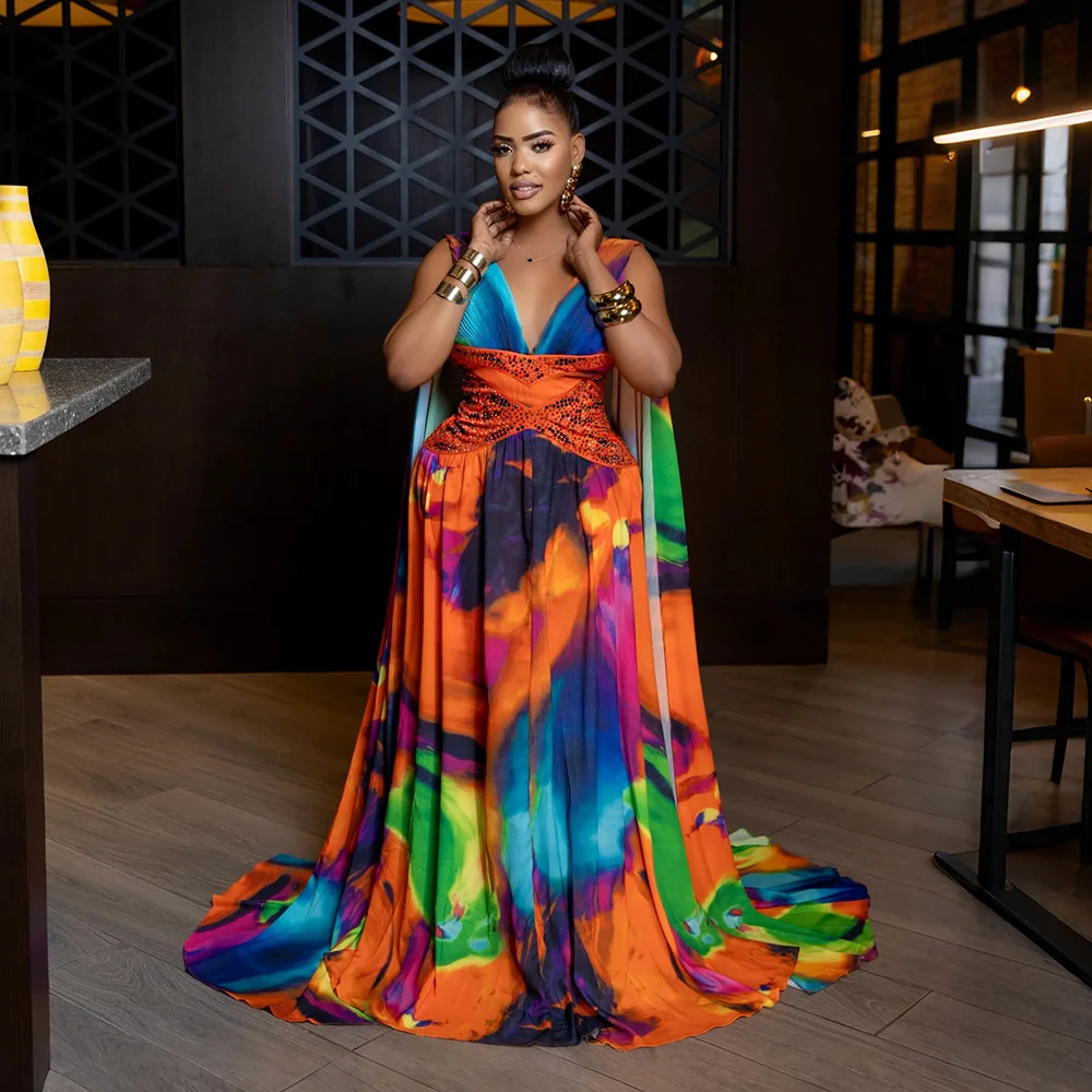 Dashiki Afrikaanse Feestavondjurken voor Vrouwen Herfst Elegante Afrikaanse Mouwloze V-hals Afdrukken Lange Maxi Jurk Toga Outfits