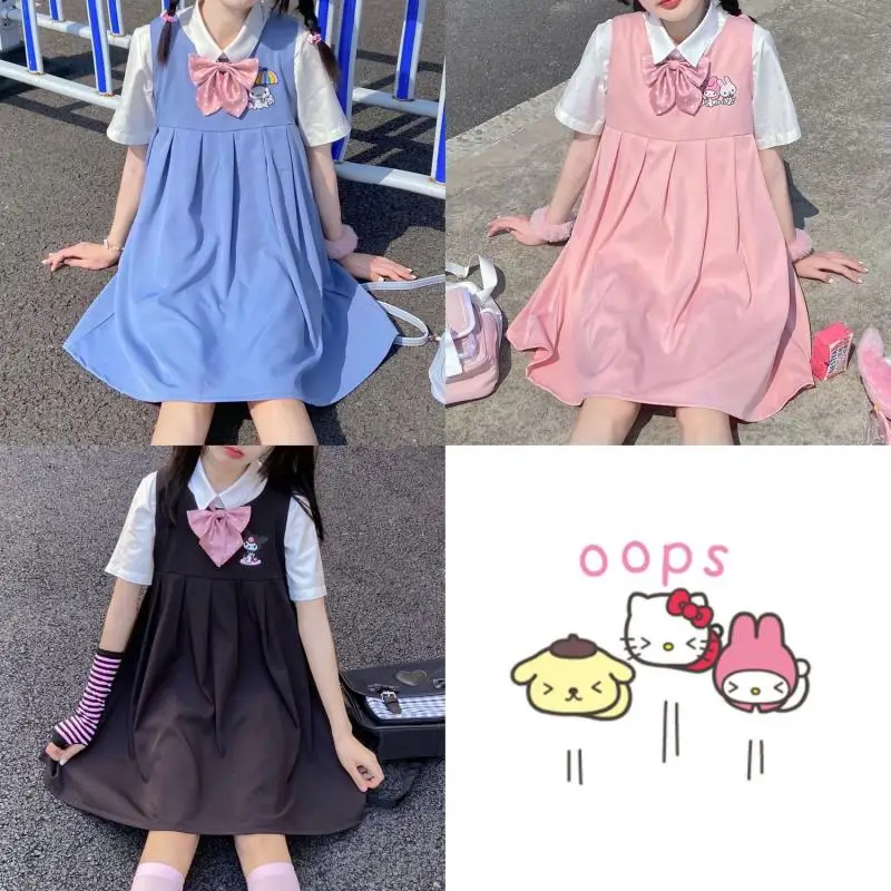 Sanrioed Anime Cartoon My Melody Kuromi Dress Ins Girl Heart Kawaii Jk Solid Color Cute and Versatile Small Skirt Holiday Gifts