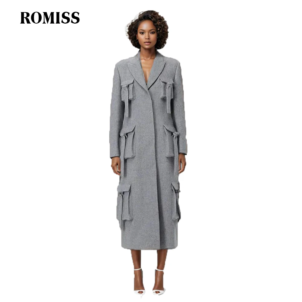 

ROMISS Minimalist Casual Patchwork Pockets Trenches For Women Notched Collar Long Sleeve Single Breasted Solid Trench Female