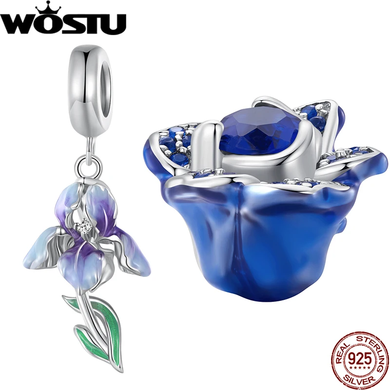 WOSTU 925 Sterling Silver Blue Rose Charm Enamel Blooming Flower Beads Love Pendant Fit Original Bracelet Bangle Accessories