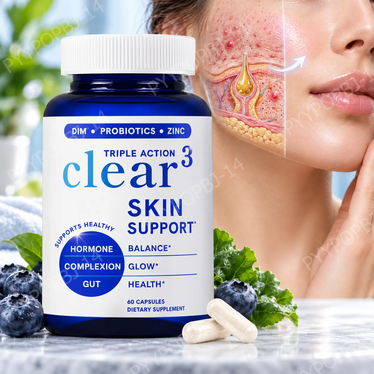 Clear Skin Support Capsules,Improve Complexion,Balance Hormones,Reduce Oiliness,Shrink Pores,Support Gut Health,60 Count