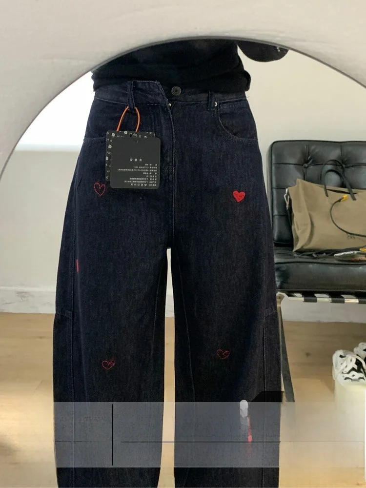 

Женские джинсы с высокой талией, широкими штанинами, синим принтом в виде сердец, свободного прямого кроя, драпированные, в стиле ретро, новинка весны
