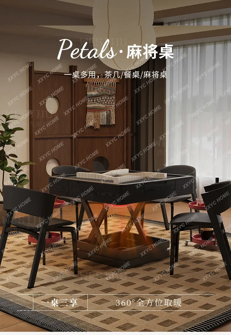 Solid wood coffee table mahjong table can be lifted and lowered in ancient style for home use, movable heating fire mahjong
